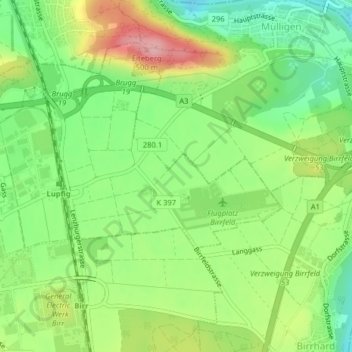Topografisk kort Birrfeld, højde, terræn