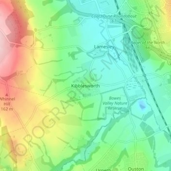 Topografisk kort Kibblesworth, højde, terræn