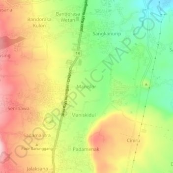Topografisk kort Manislor, højde, terræn
