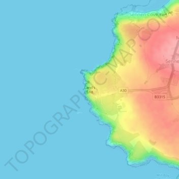 Topografisk kort Land's End, højde, terræn