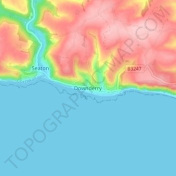 Topografisk kort Downderry, højde, terræn