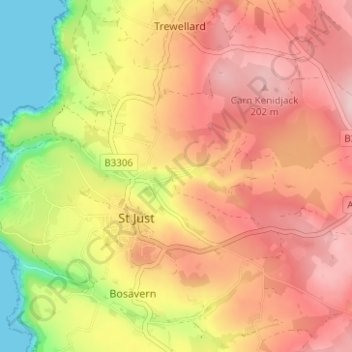 Topografisk kort Tregeseal, højde, terræn