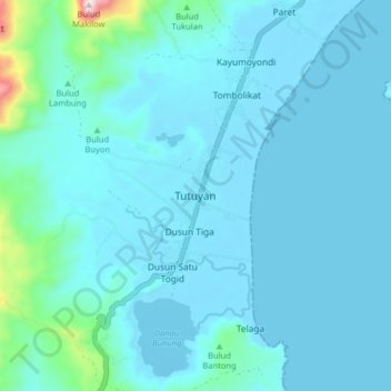 Topografisk kort Tutuyan, højde, terræn