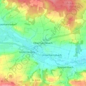 Topografisk kort Oberharnsbach, højde, terræn