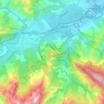Topografisk kort Tossignano, højde, terræn