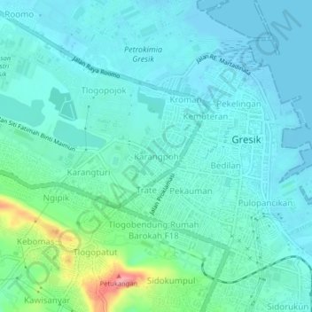 Topografisk kort Karangpoh, højde, terræn