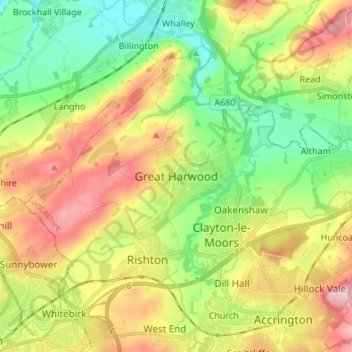 Topografisk kort Great Harwood, højde, terræn
