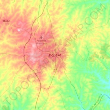 Topografisk kort Bouaké, højde, terræn