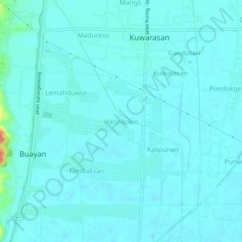 Topografisk kort Harjodowo, højde, terræn