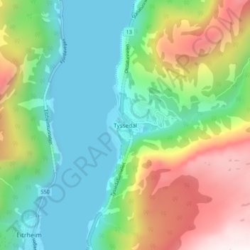 Topografisk kort Tyssedal, højde, terræn