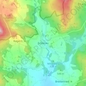 Topografisk kort Schönau, højde, terræn