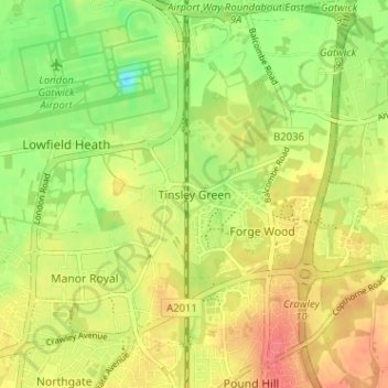 Topografisk kort Tinsley Green, højde, terræn