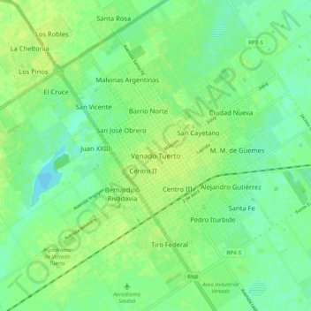 Topografisk kort Venado Tuerto, højde, terræn