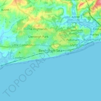 Topografisk kort Bexhill-on-Sea, højde, terræn