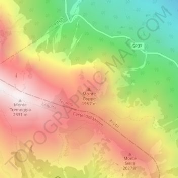 Topografisk kort Monte Coppe, højde, terræn