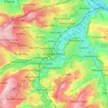 Topografisk kort Huddersfield, højde, terræn