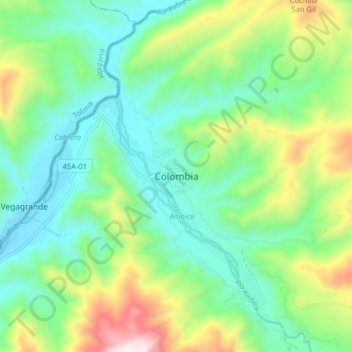 Topografisk kort Colombia, højde, terræn