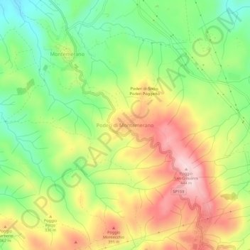 Topografisk kort Poderi di Montemerano, højde, terræn