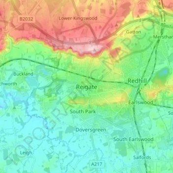 Topografisk kort Reigate, højde, terræn