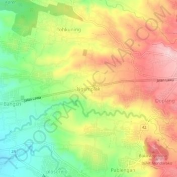 Topografisk kort Ngemplak, højde, terræn
