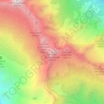 Topografisk kort Cima del Calvo centrale, højde, terræn