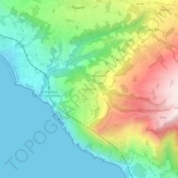 Topografisk kort Coccorino, højde, terræn