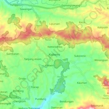 Topografisk kort Kaliwiro, højde, terræn