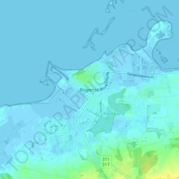 Topografisk kort Bogense, højde, terræn