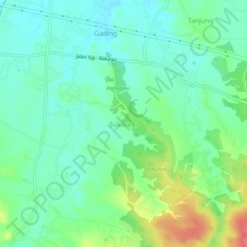 Topografisk kort Sukorejo, højde, terræn