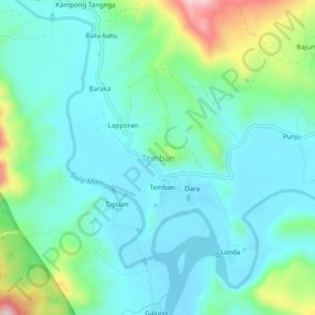 Topografisk kort Temban, højde, terræn