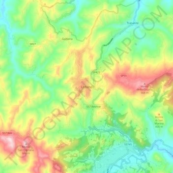 Topografisk kort Urbino, højde, terræn