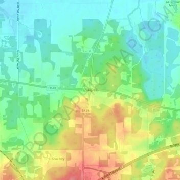 Topografisk kort Springville, højde, terræn
