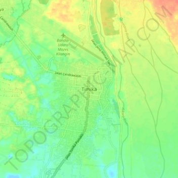 Topografisk kort Timika, højde, terræn