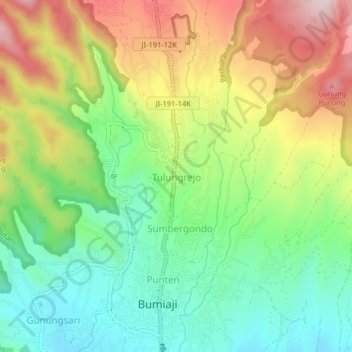 Topografisk kort Tulungrejo, højde, terræn