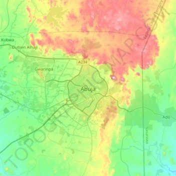 Topografisk kort Abuja, højde, terræn