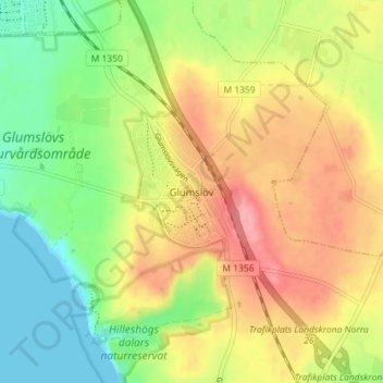 Topografisk kort Glumslöv, højde, terræn