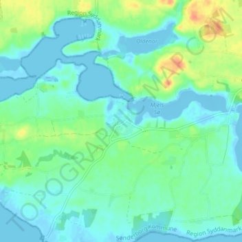 Topografisk kort Mjels, højde, terræn