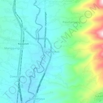 Topografisk kort Cihaurbeuti, højde, terræn