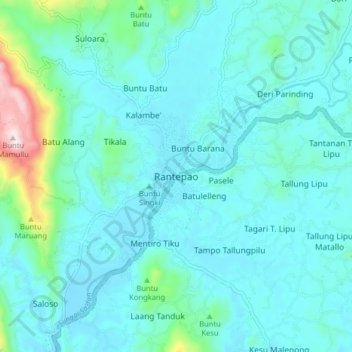 Topografisk kort Rantepao, højde, terræn