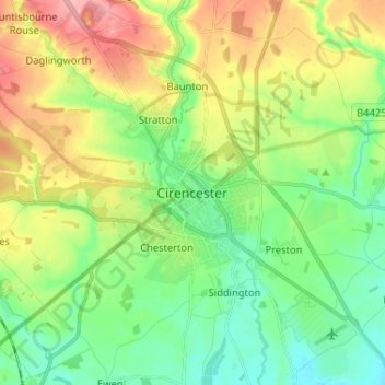 Topografisk kort Cirencester, højde, terræn