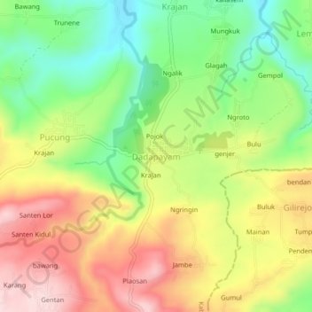 Topografisk kort Dadapayam, højde, terræn
