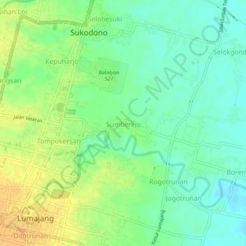 Topografisk kort Sumberejo, højde, terræn