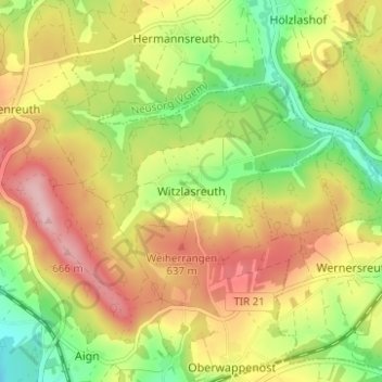 Topografisk kort Witzlasreuth, højde, terræn
