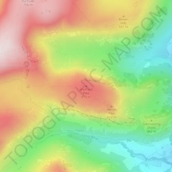 Topografisk kort Sheffield Pike, højde, terræn