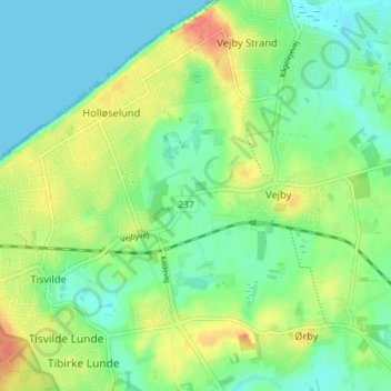 Topografisk kort Karsebæk Huse, højde, terræn