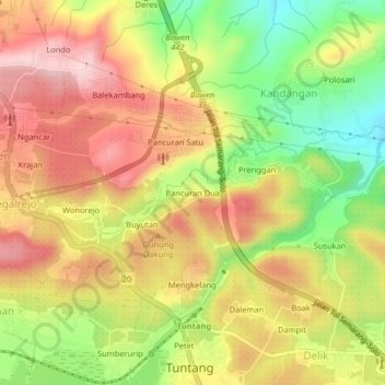 Topografisk kort Pancuran Dua, højde, terræn