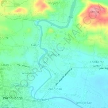 Topografisk kort Kalikajar, højde, terræn