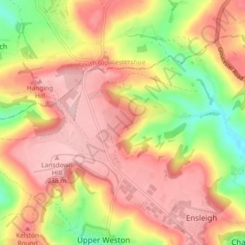 Topografisk kort Upper Langridge, højde, terræn