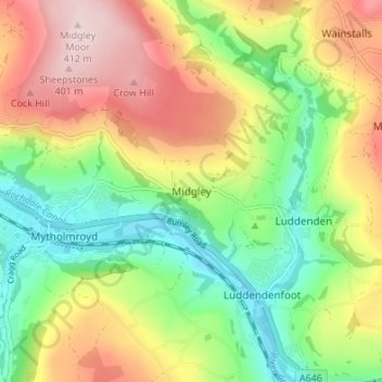 Topografisk kort Midgley, højde, terræn