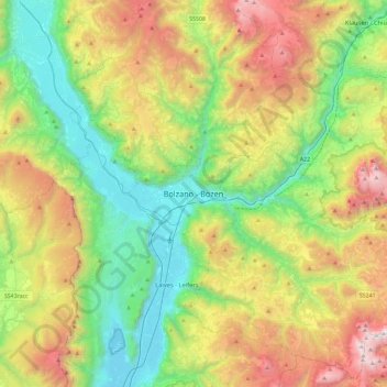 Topografisk kort Bolzano - Bozen, højde, terræn
